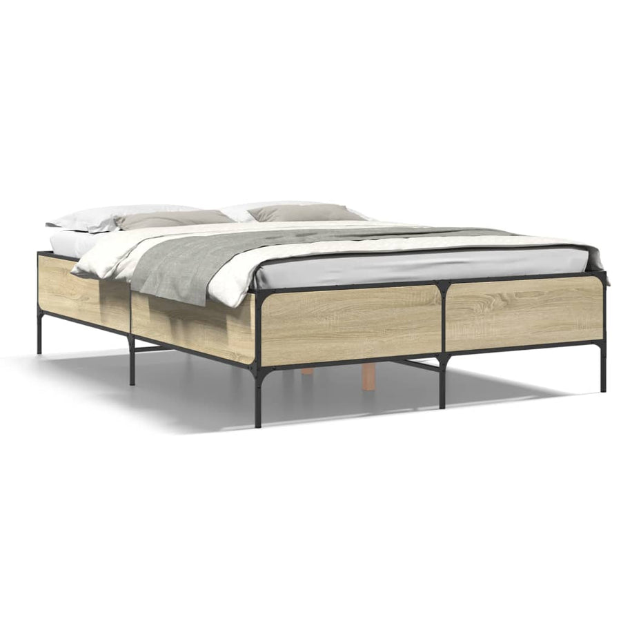 Bedframe bewerkt hout metaal sonoma eikenkleurig 135x190 cm