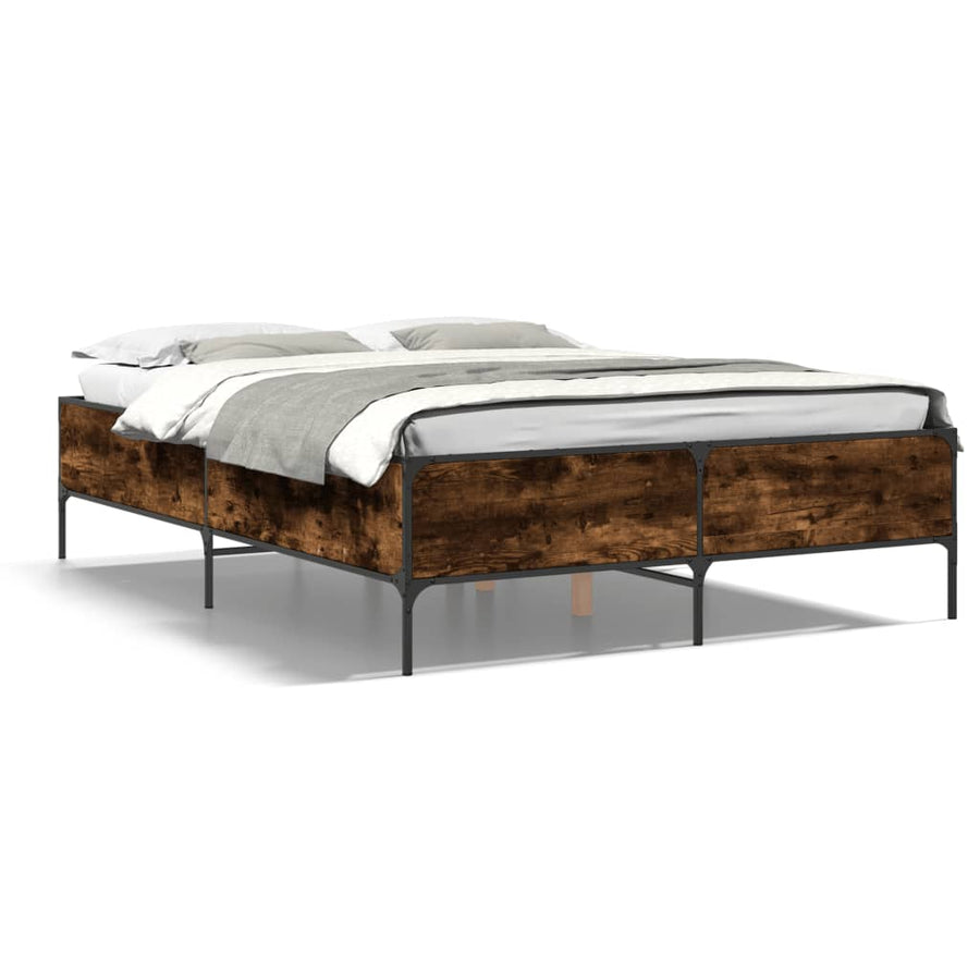 Bedframe bewerkt hout metaal gerookt eikenkleurig 135x190 cm