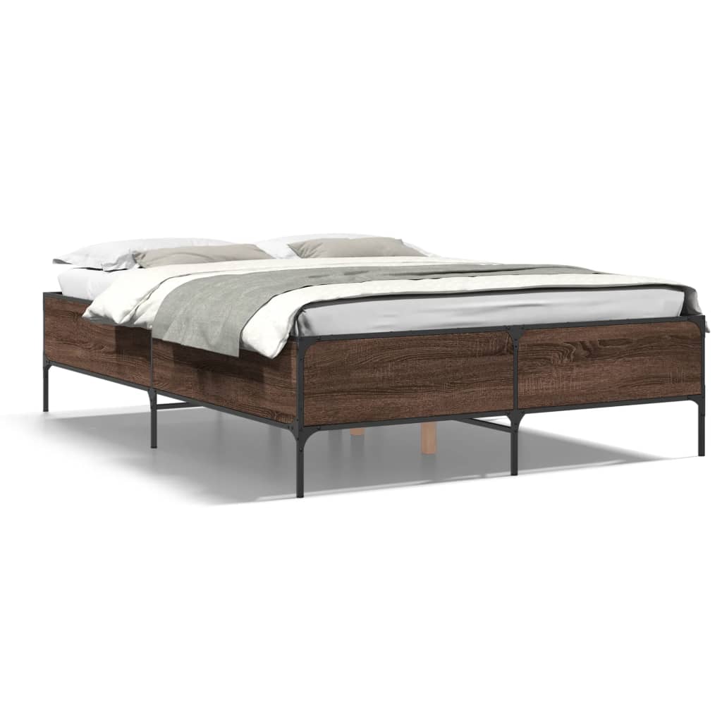 Bedframe bewerkt hout metaal bruin eikenkleur 135x190 cm