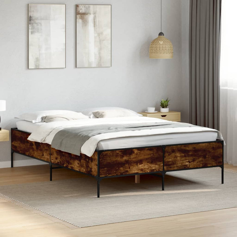 Bedframe bewerkt hout metaal gerookt eikenkleurig 120x190 cm