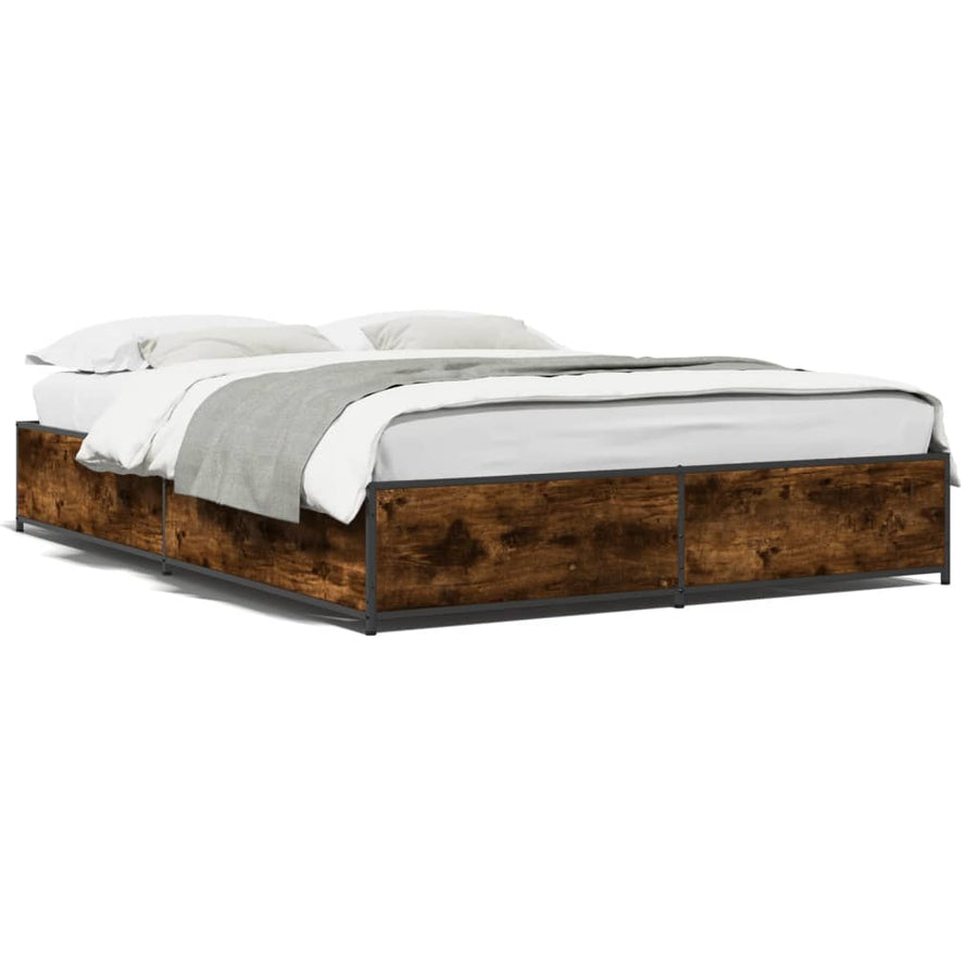 Bedframe bewerkt hout metaal gerookt eikenkleurig 135x190 cm