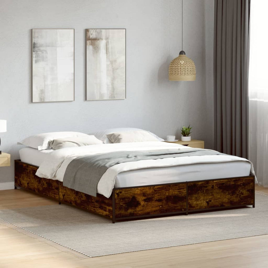 Bedframe bewerkt hout metaal gerookt eikenkleurig 120x190 cm