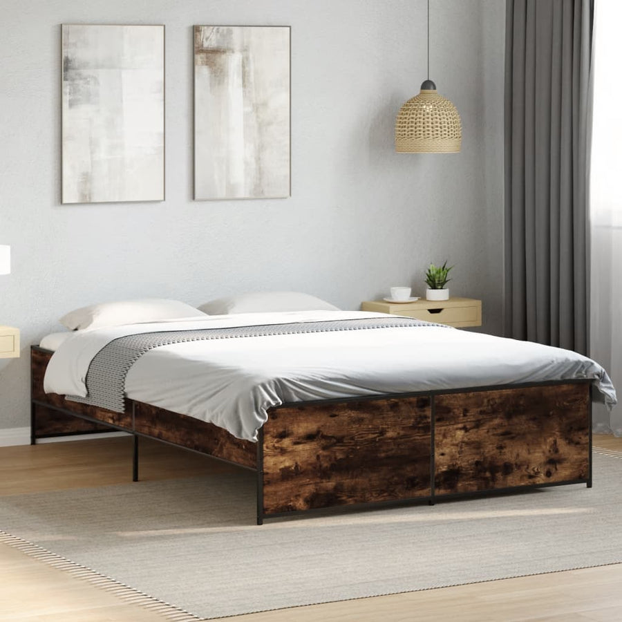 Bedframe bewerkt hout metaal gerookt eikenkleurig 140x190 cm