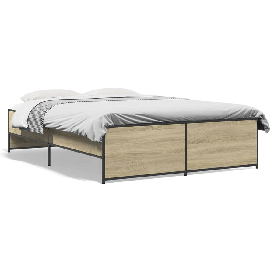 Bedframe bewerkt hout metaal sonoma eikenkleurig 135x190 cm