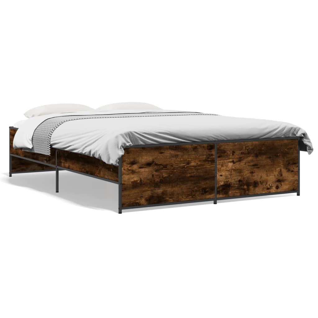 Bedframe bewerkt hout metaal gerookt eikenkleurig 135x190 cm