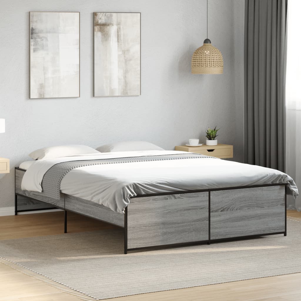 Bedframe bewerkt hout metaal grijs sonoma eiken 135x190 cm