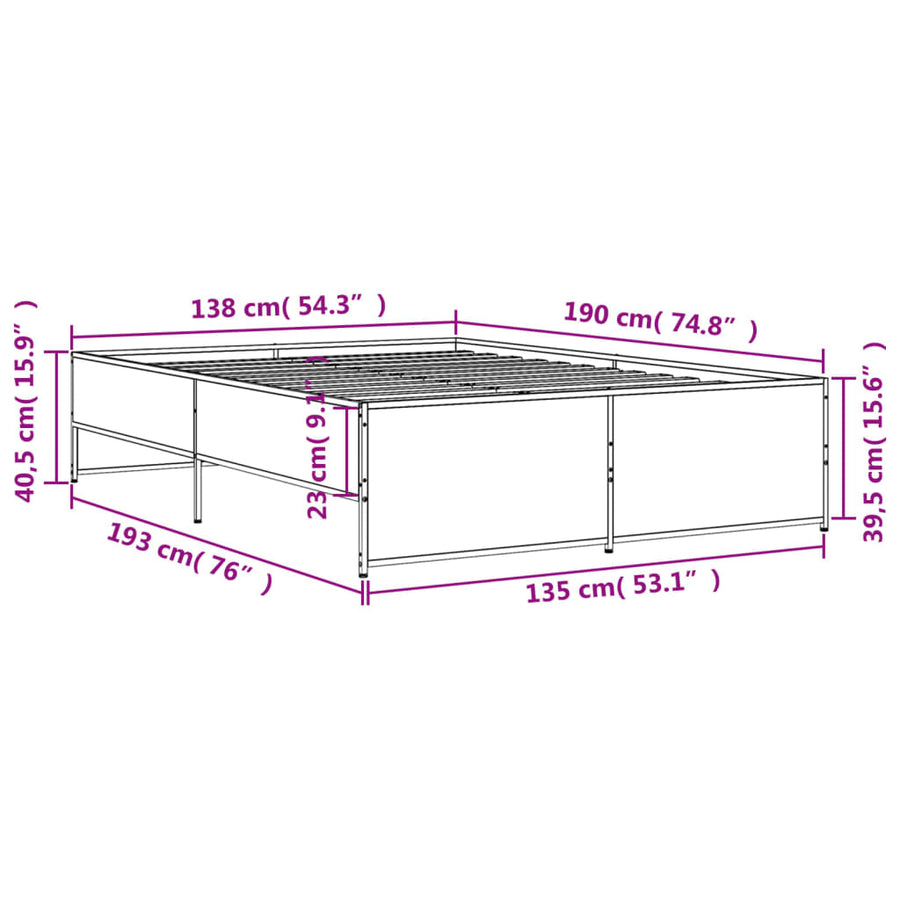 Bedframe bewerkt hout metaal bruin eikenkleur 135x190 cm