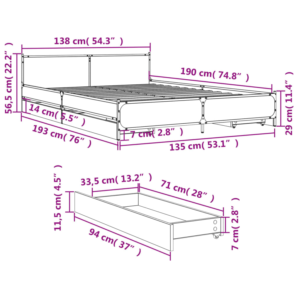 Bedframe met lades bewerkt hout bruineikenkleurig 135x190 cm