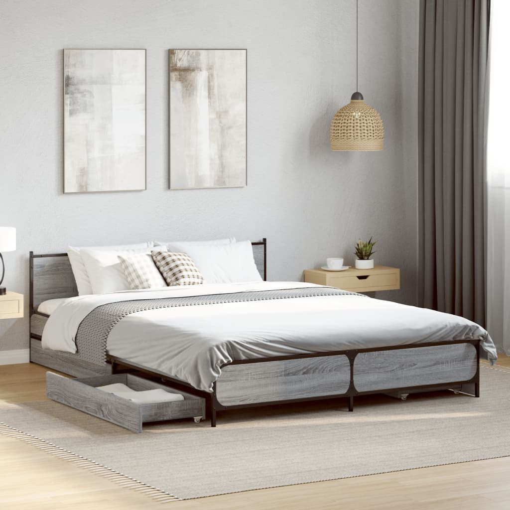 Bedframe met lades bewerkt hout grijs sonoma eiken 135x190 cm