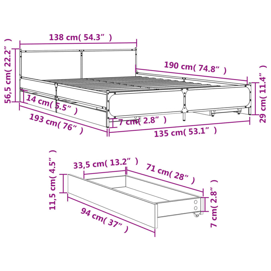 Bedframe met lades bewerkt hout grijs sonoma eiken 135x190 cm