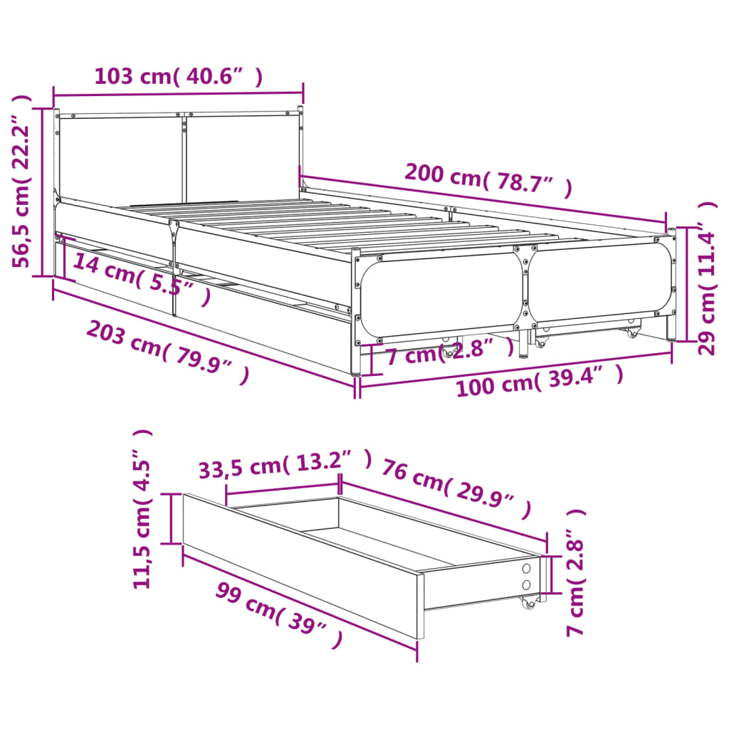 Bedframe met lades bewerkt hout bruineikenkleurig 100x200 cm