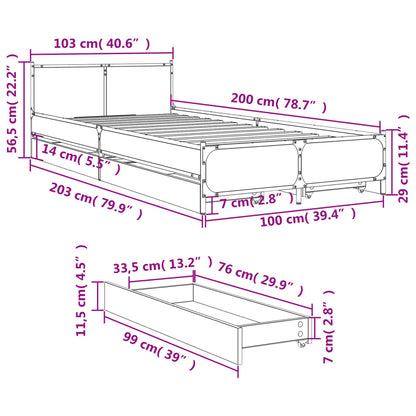 Bedframe met lades bewerkt hout bruineikenkleurig 100x200 cm