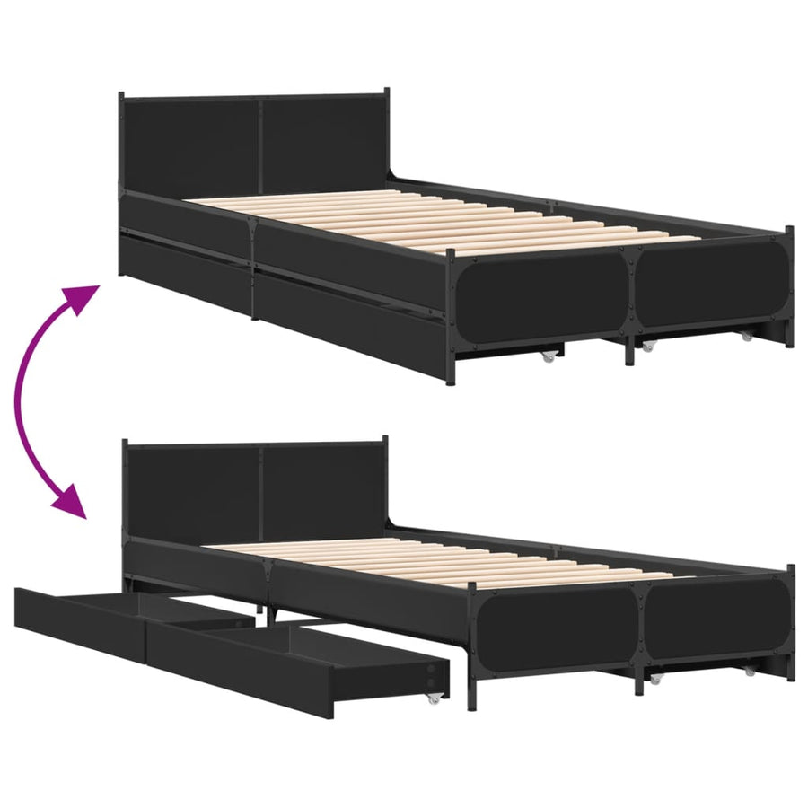 Bedframe met lades bewerkt hout zwart 90x200 cm