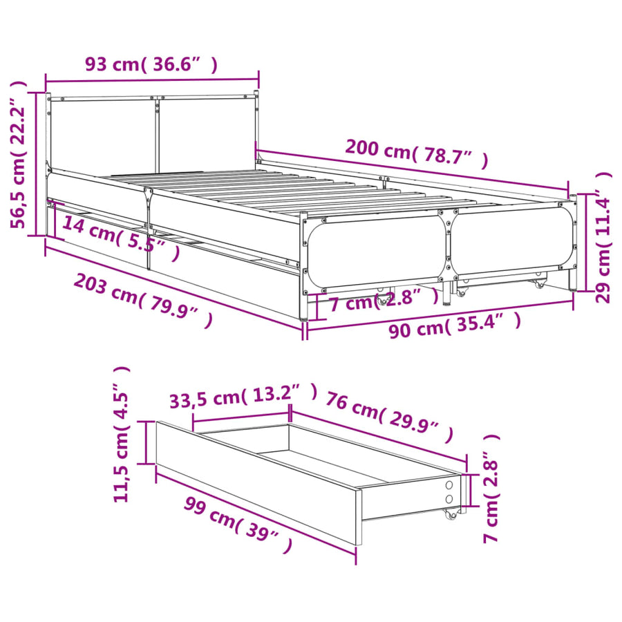 Bedframe met lades bewerkt hout zwart 90x200 cm