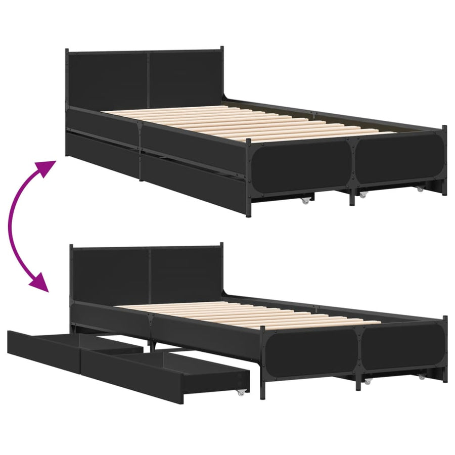 Bedframe met lades bewerkt hout zwart 75x190 cm