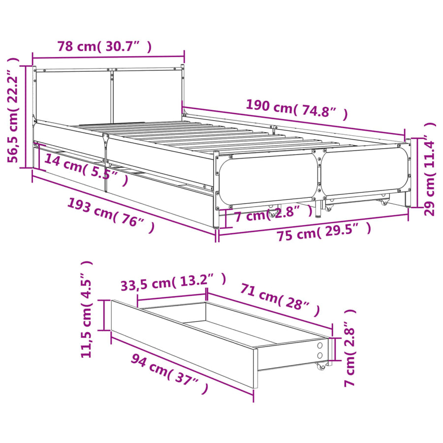 Bedframe met lades bewerkt hout sonoma eikenkleurig 75x190 cm