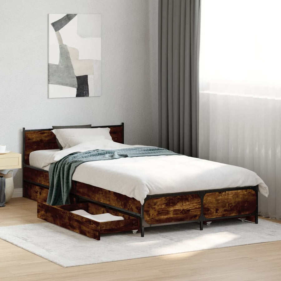 Bedframe met lades bewerkt hout gerookt eikenkleurig 75x190 cm