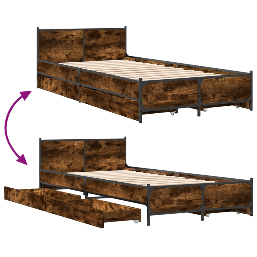 Bedframe met lades bewerkt hout gerookt eikenkleurig 75x190 cm
