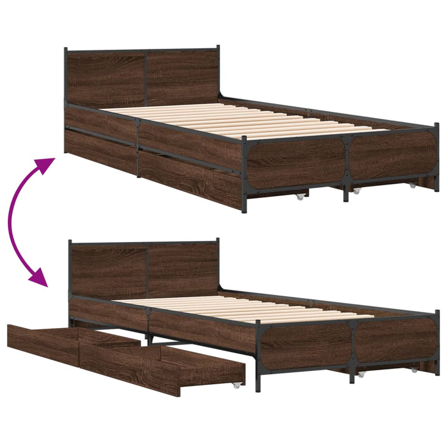 Bedframe met lades bewerkt hout bruineikenkleurig 75x190 cm