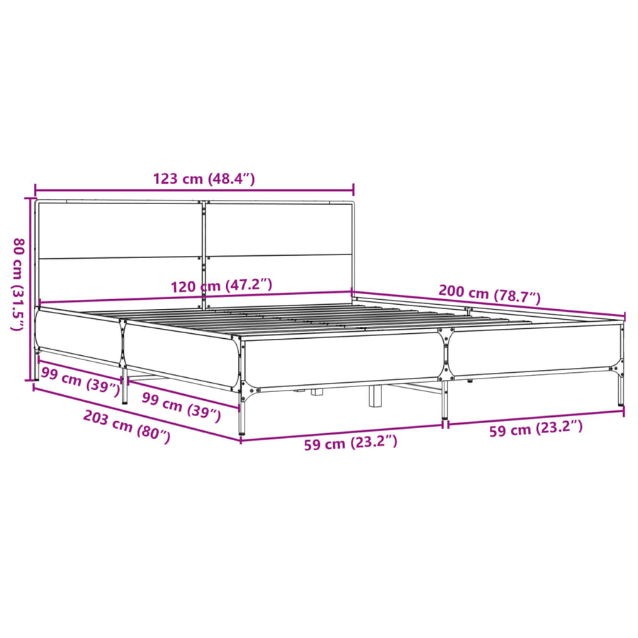 Bedframe bewerkt hout metaal sonoma eikenkleurig 120x200 cm