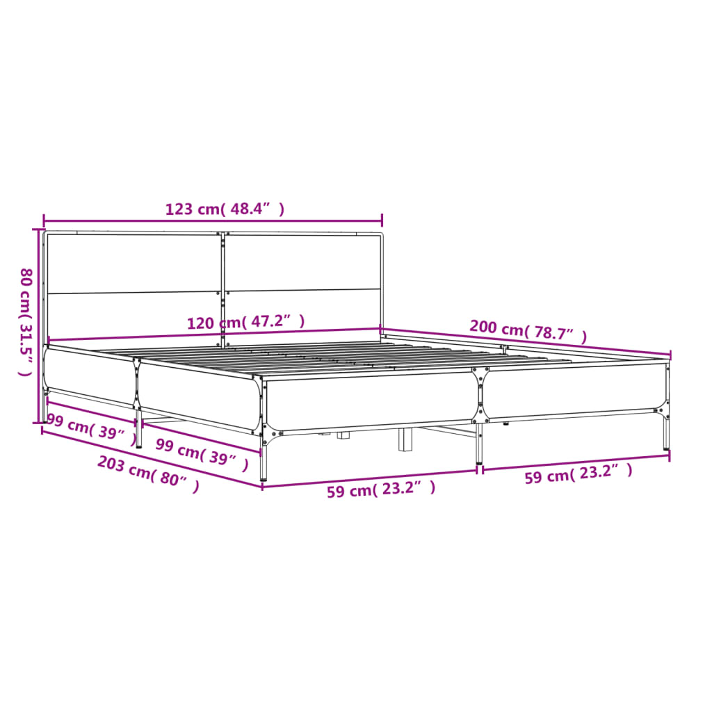Bedframe bewerkt hout metaal bruin eikenkleur 120x200 cm