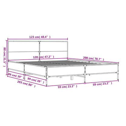 Bedframe bewerkt hout metaal bruin eikenkleur 120x200 cm
