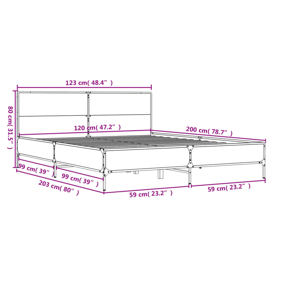Bedframe bewerkt hout metaal bruin eikenkleur 120x200 cm