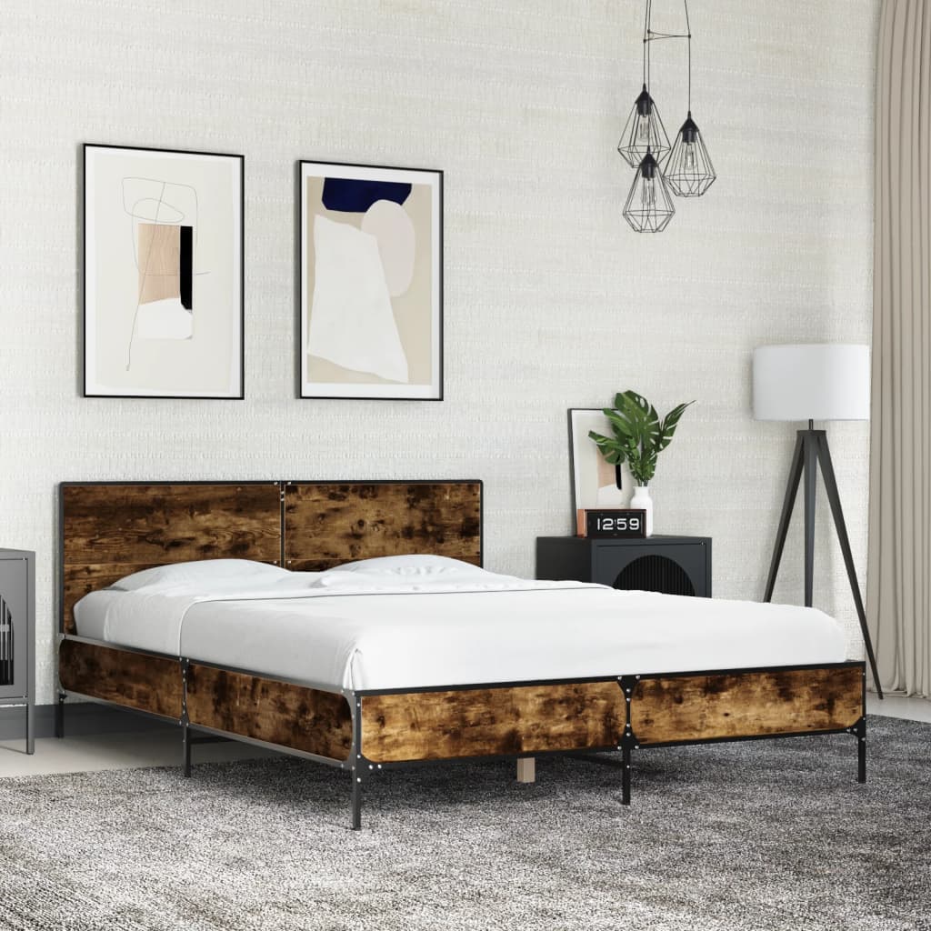 Bedframe bewerkt hout metaal gerookt eikenkleurig 140x200 cm