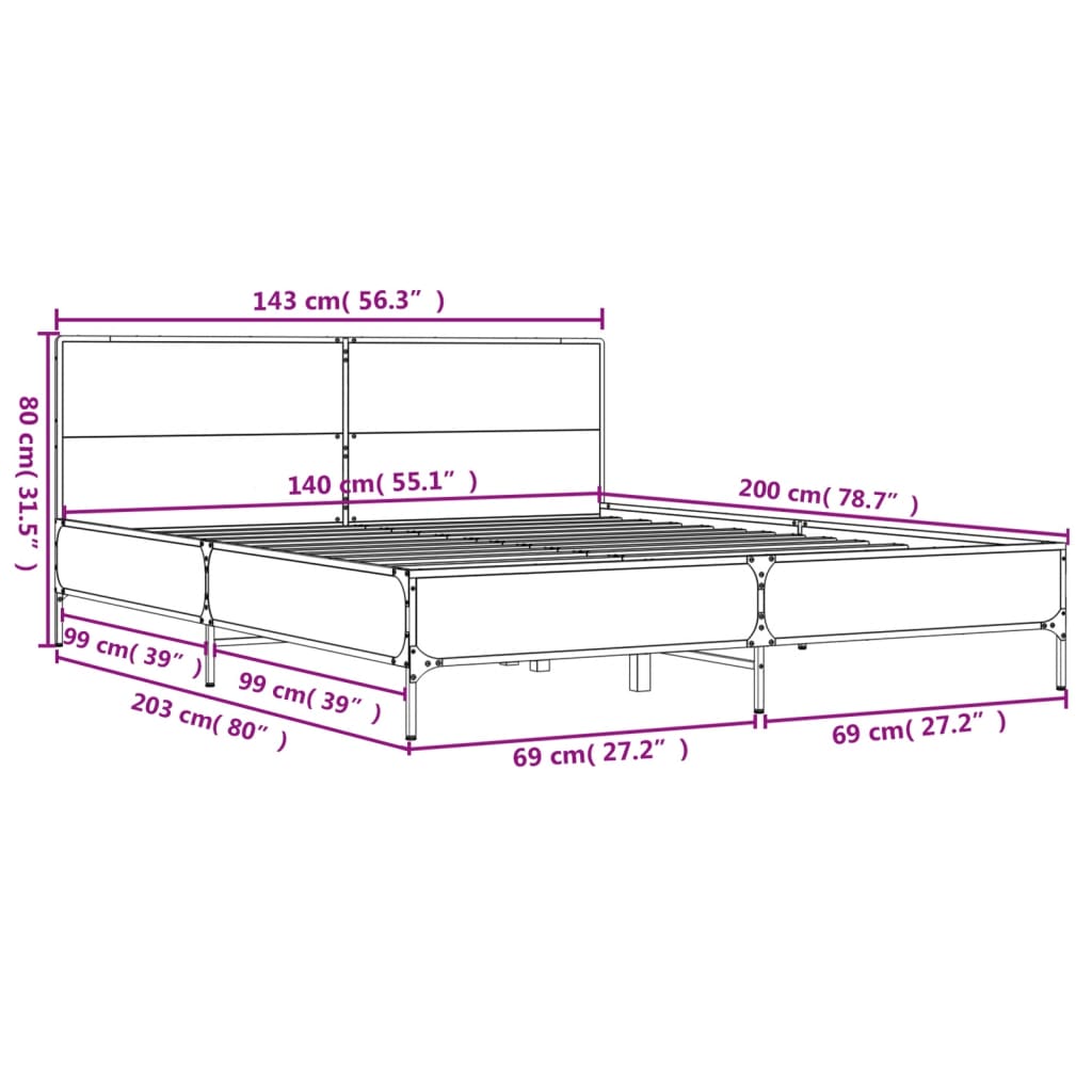 Bedframe bewerkt hout metaal gerookt eikenkleurig 140x200 cm