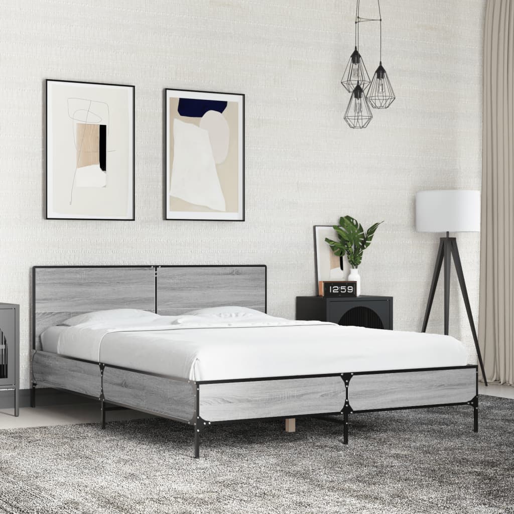 Bedframe bewerkt hout metaal grijs sonoma eiken 140x200 cm