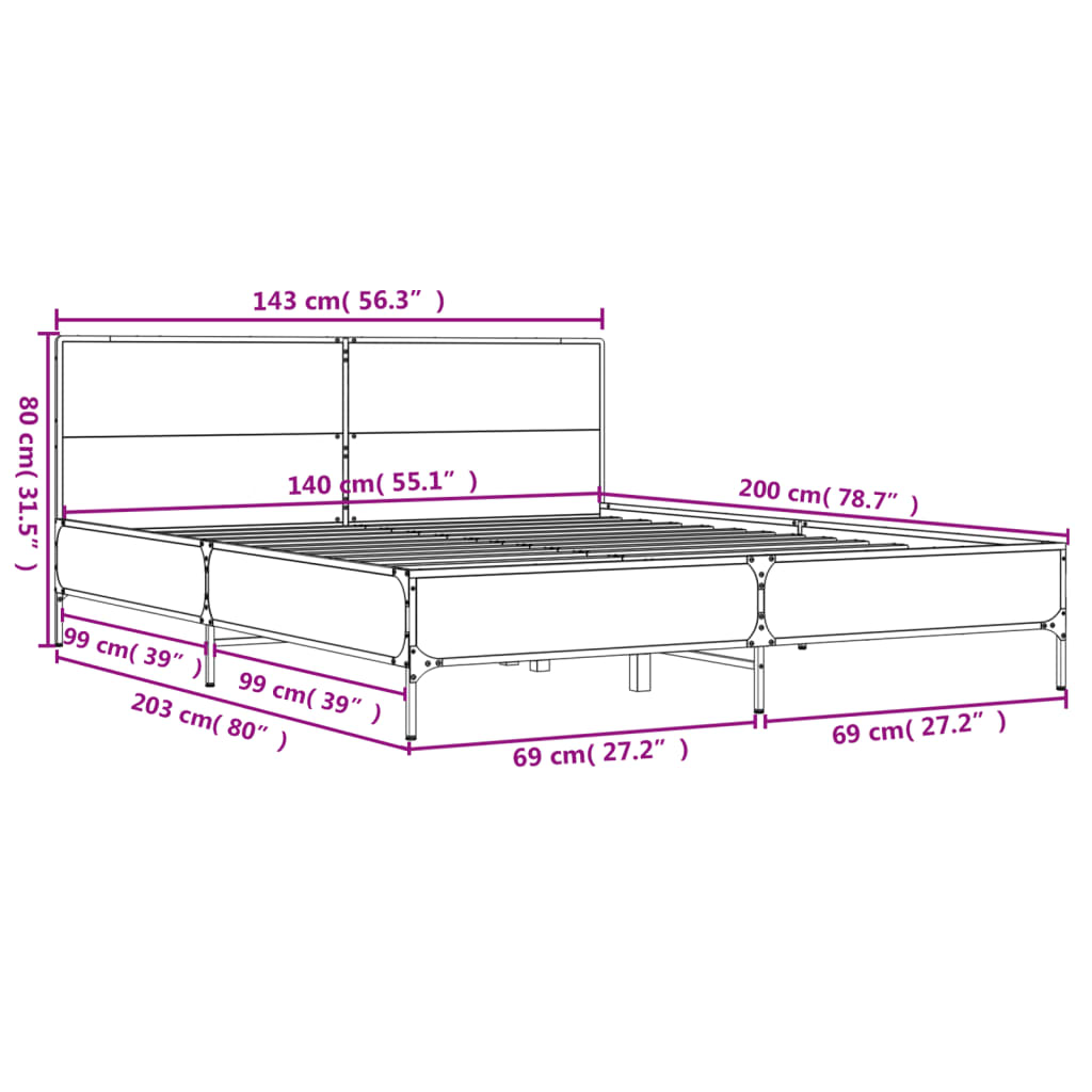 Bedframe bewerkt hout metaal grijs sonoma eiken 140x200 cm