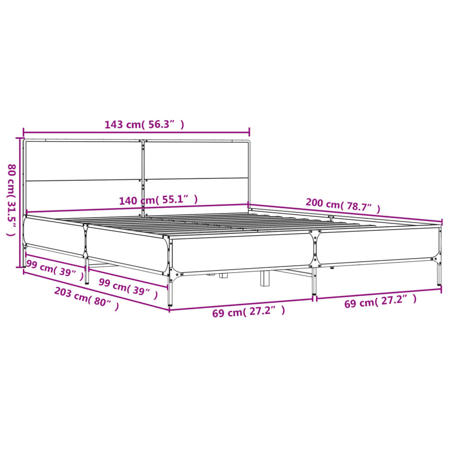 Bedframe bewerkt hout metaal grijs sonoma eiken 140x200 cm