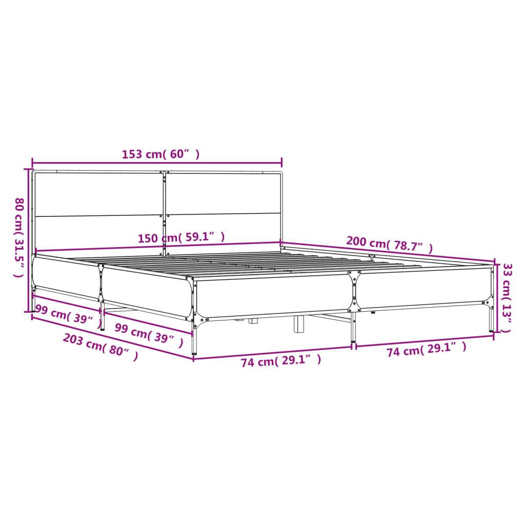 Bedframe bewerkt hout metaal sonoma eikenkleurig 150x200 cm