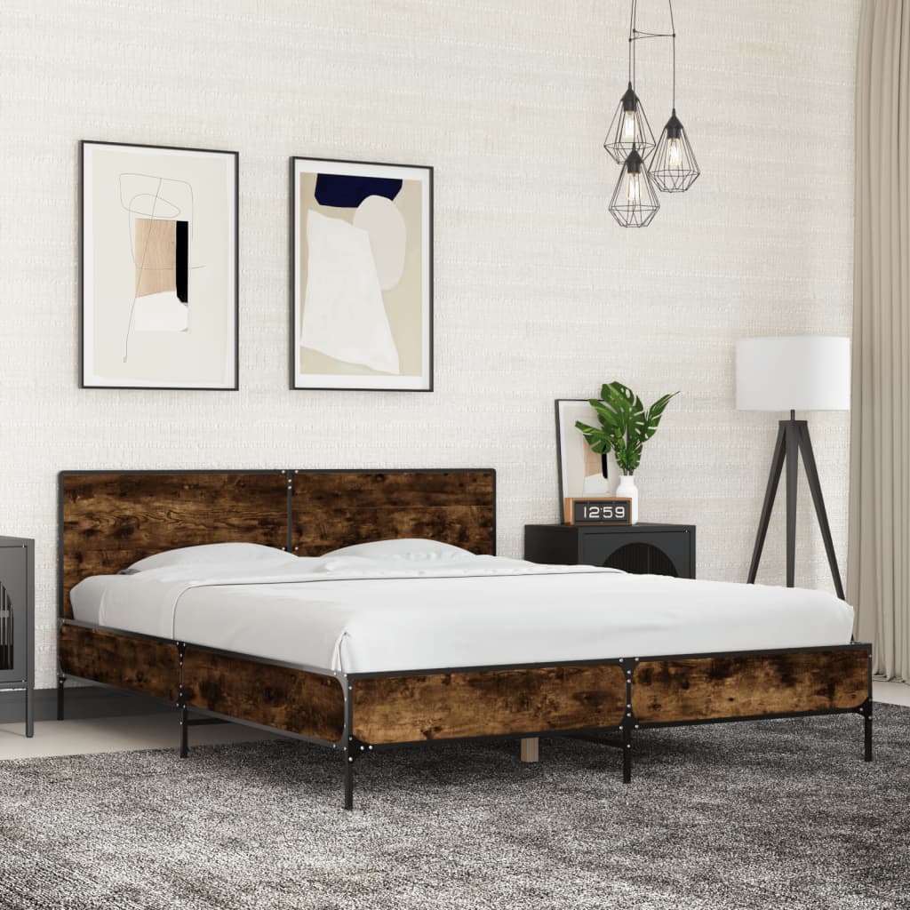 Bedframe bewerkt hout metaal gerookt eikenkleurig 150x200 cm