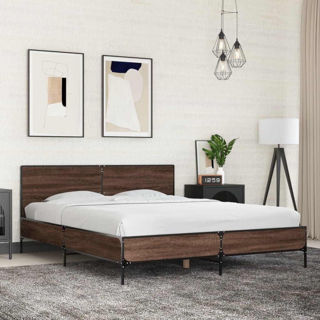 Bedframe bewerkt hout metaal bruin eikenkleur 150x200 cm