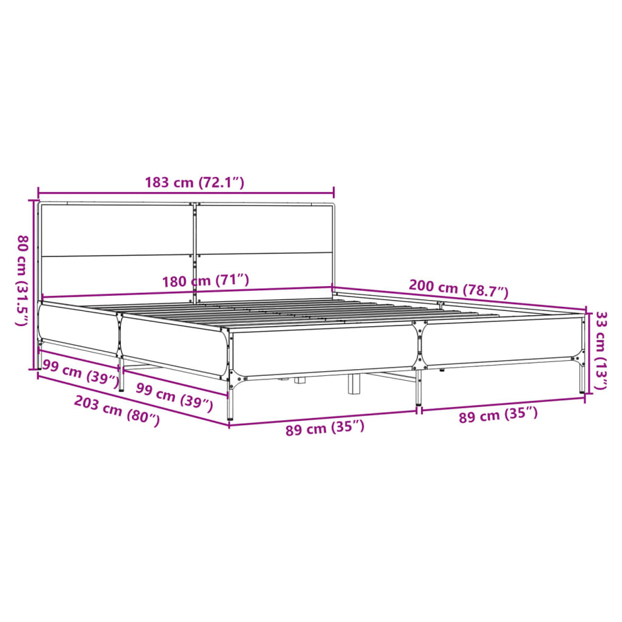 Bedframe bewerkt hout metaal gerookt eikenkleurig 180x200 cm