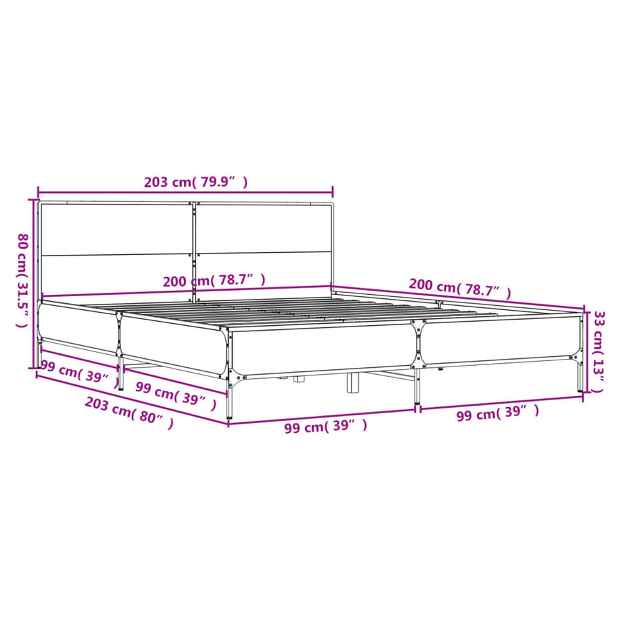 Bedframe bewerkt hout metaal gerookt eikenkleurig 200x200 cm