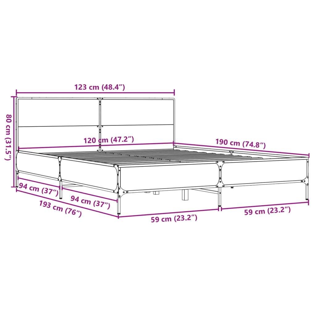 Bedframe bewerkt hout metaal sonoma eikenkleurig 120x190 cm