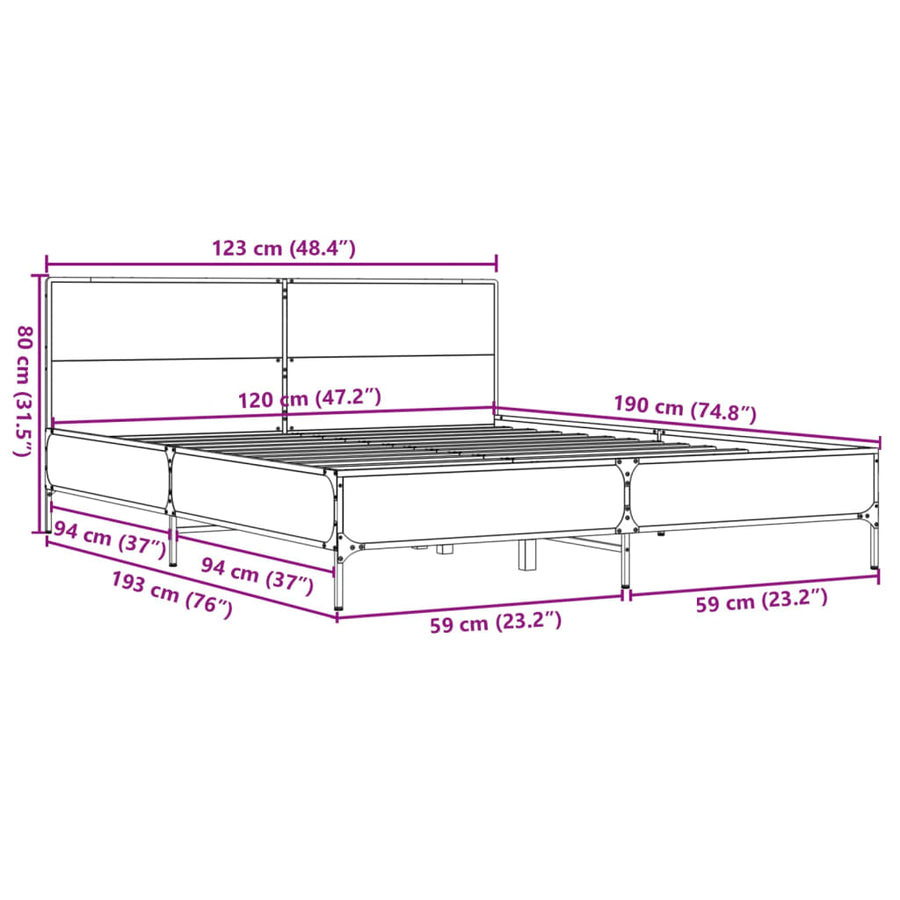 Bedframe bewerkt hout metaal sonoma eikenkleurig 120x190 cm