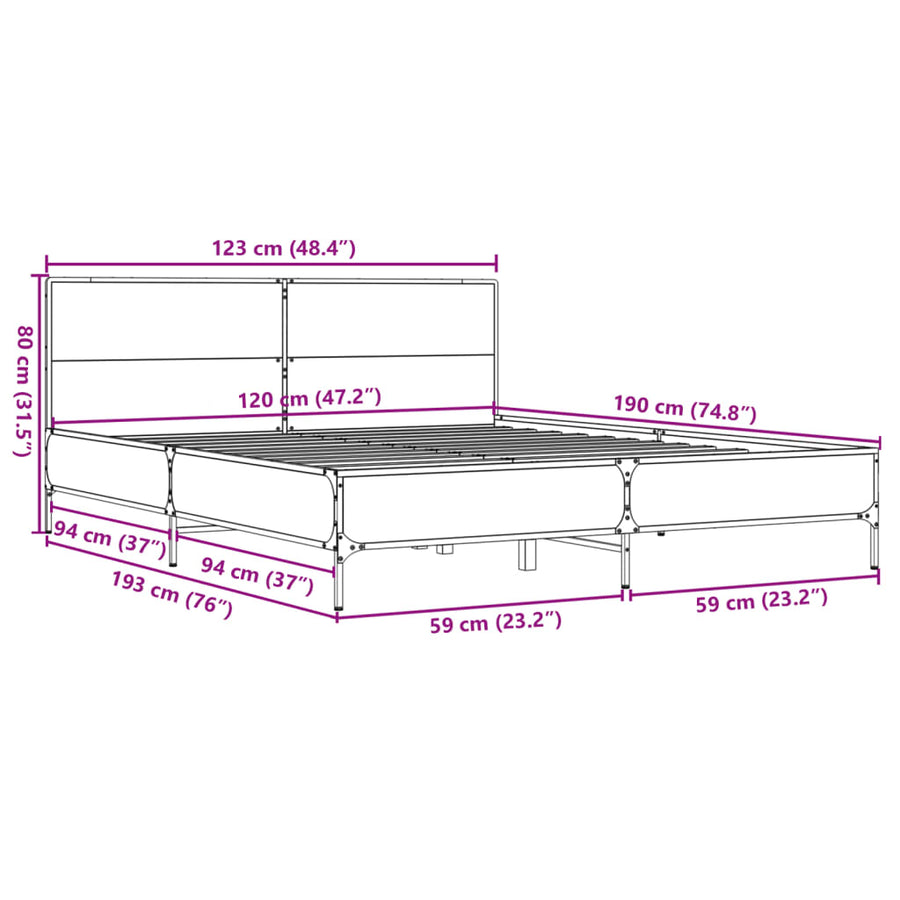 Bedframe bewerkt hout metaal bruin eikenkleur 120x190 cm