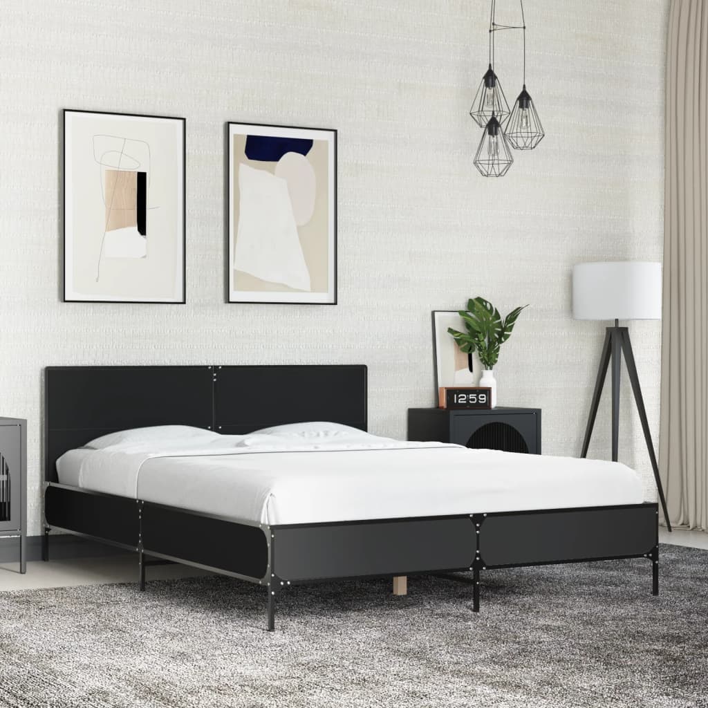 Bedframe bewerkt hout metaal zwart 135x190 cm
