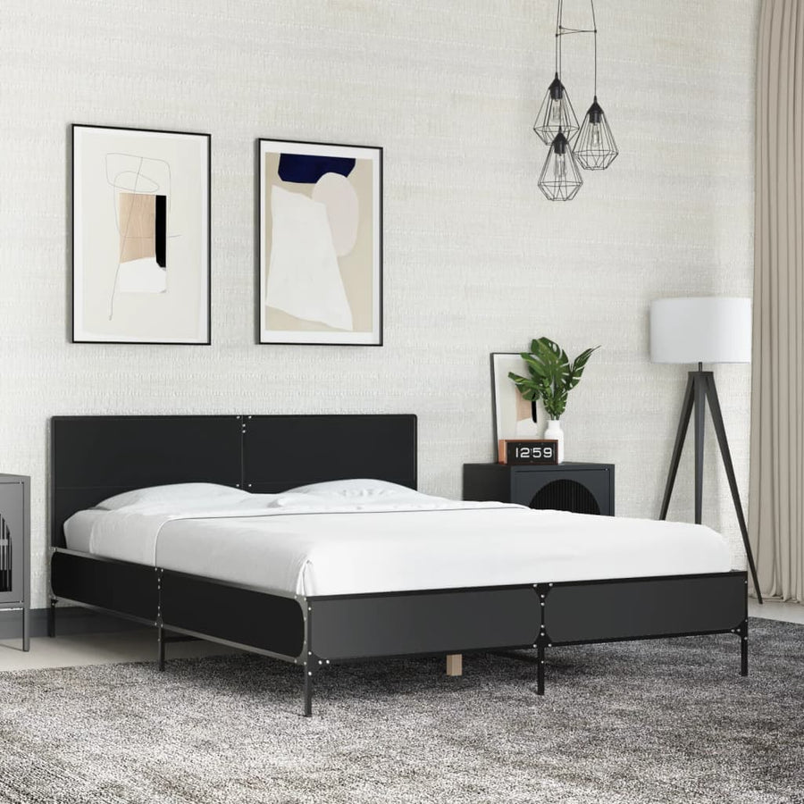 Bedframe bewerkt hout metaal zwart 135x190 cm