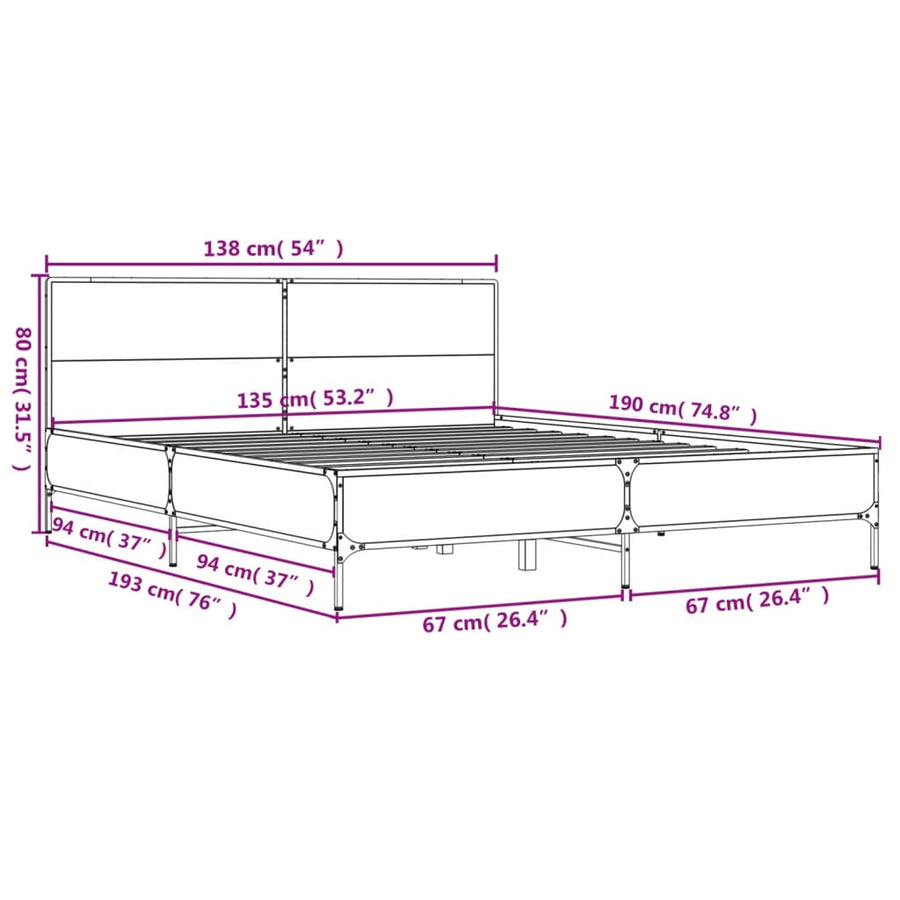 Bedframe bewerkt hout metaal gerookt eikenkleurig 135x190 cm