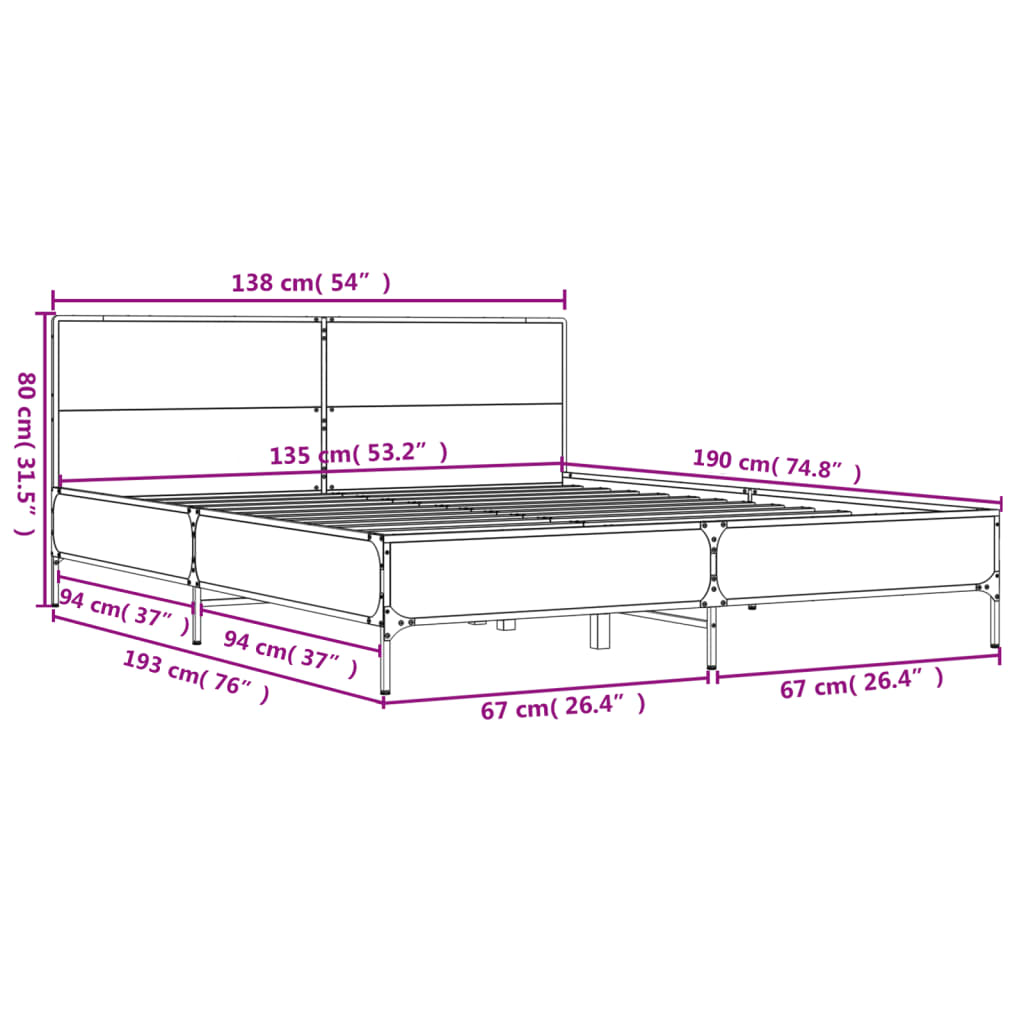 Bedframe bewerkt hout metaal grijs sonoma eiken 135x190 cm