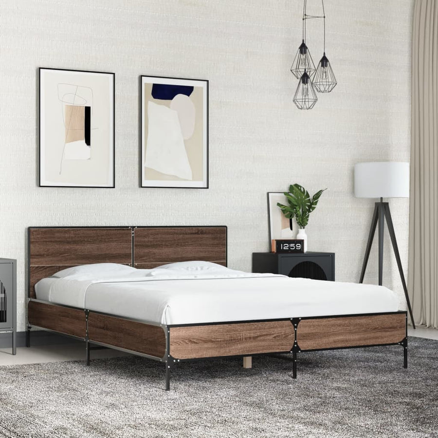 Bedframe bewerkt hout metaal bruin eikenkleur 135x190 cm