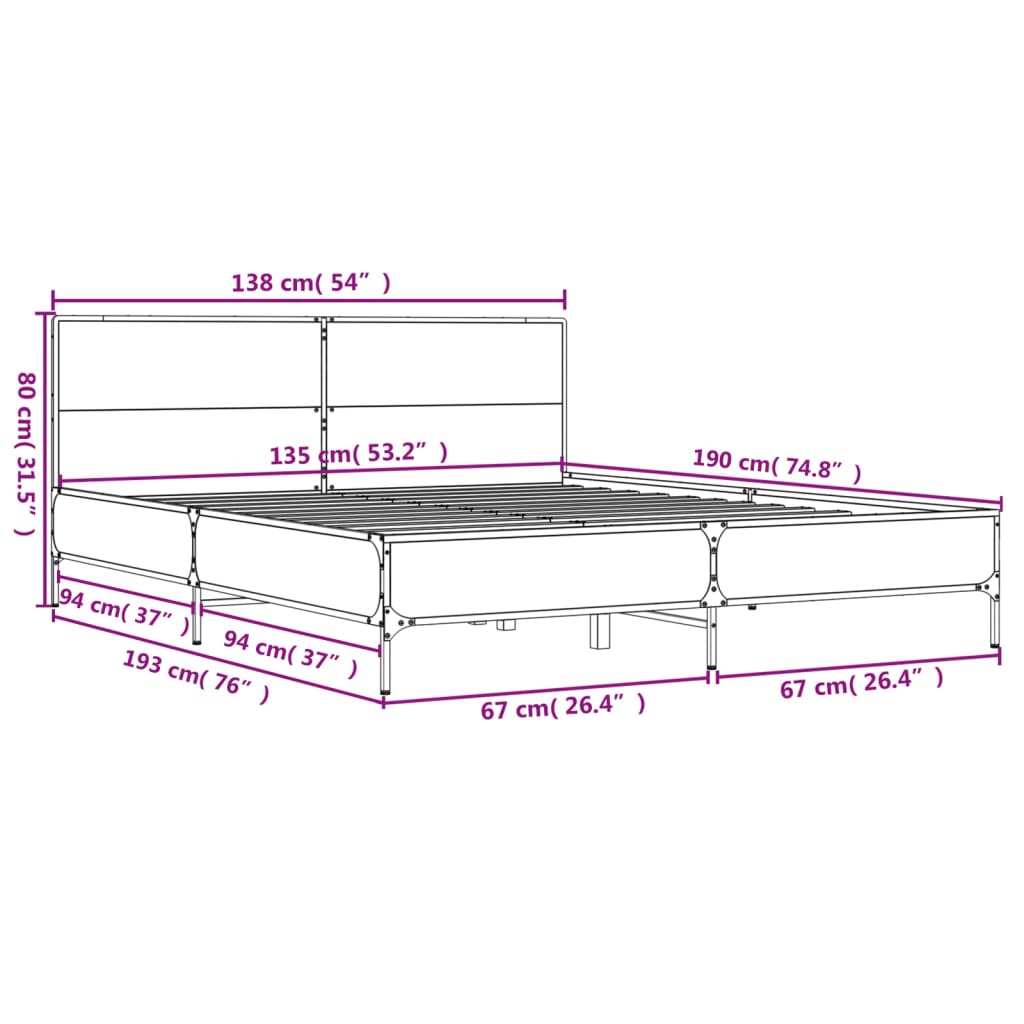 Bedframe bewerkt hout metaal bruin eikenkleur 135x190 cm