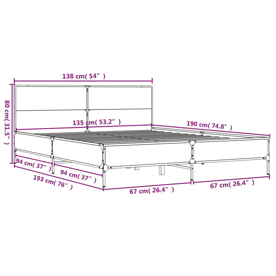 Bedframe bewerkt hout metaal bruin eikenkleur 135x190 cm