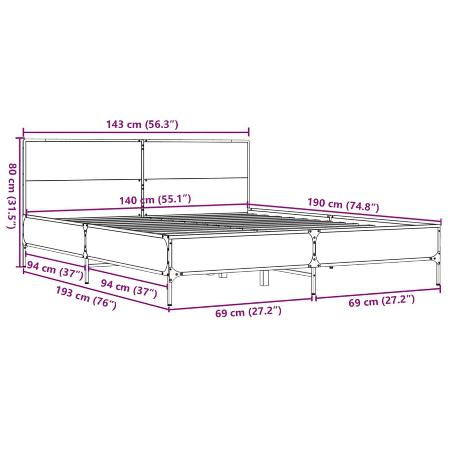 Bedframe bewerkt hout metaal sonoma eikenkleurig 90x190 cm