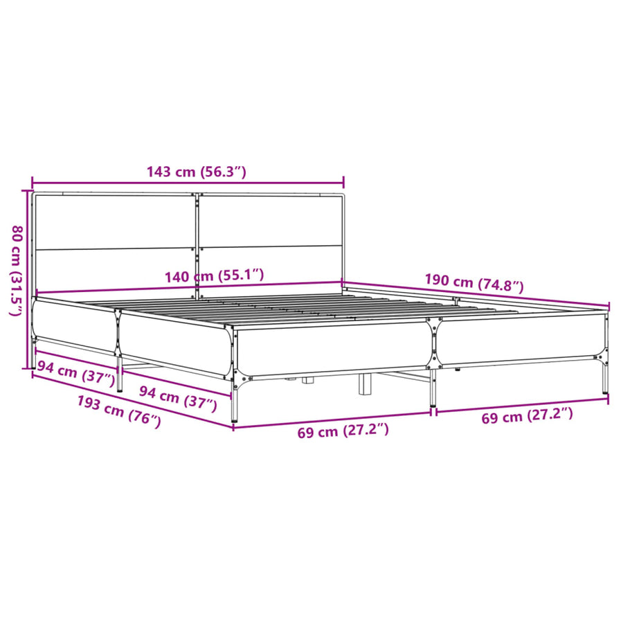 Bedframe bewerkt hout metaal gerookt eikenkleurig 140x190 cm