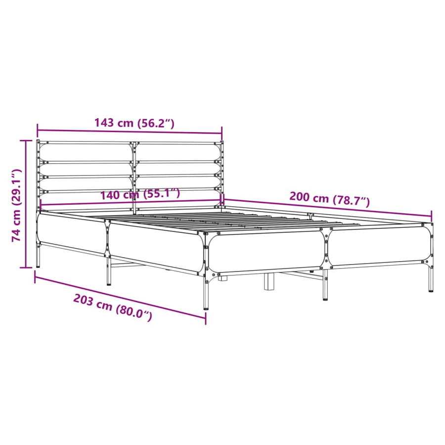 Bedframe bewerkt hout metaal bruin eikenkleur 140x200 cm